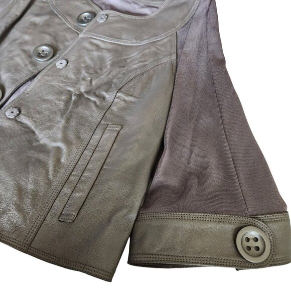 Nygard Jacket Pewter Leather Front Trim Collarless‎ Knit Back 3/4 Sleeves Size L - Picture 13 of 16